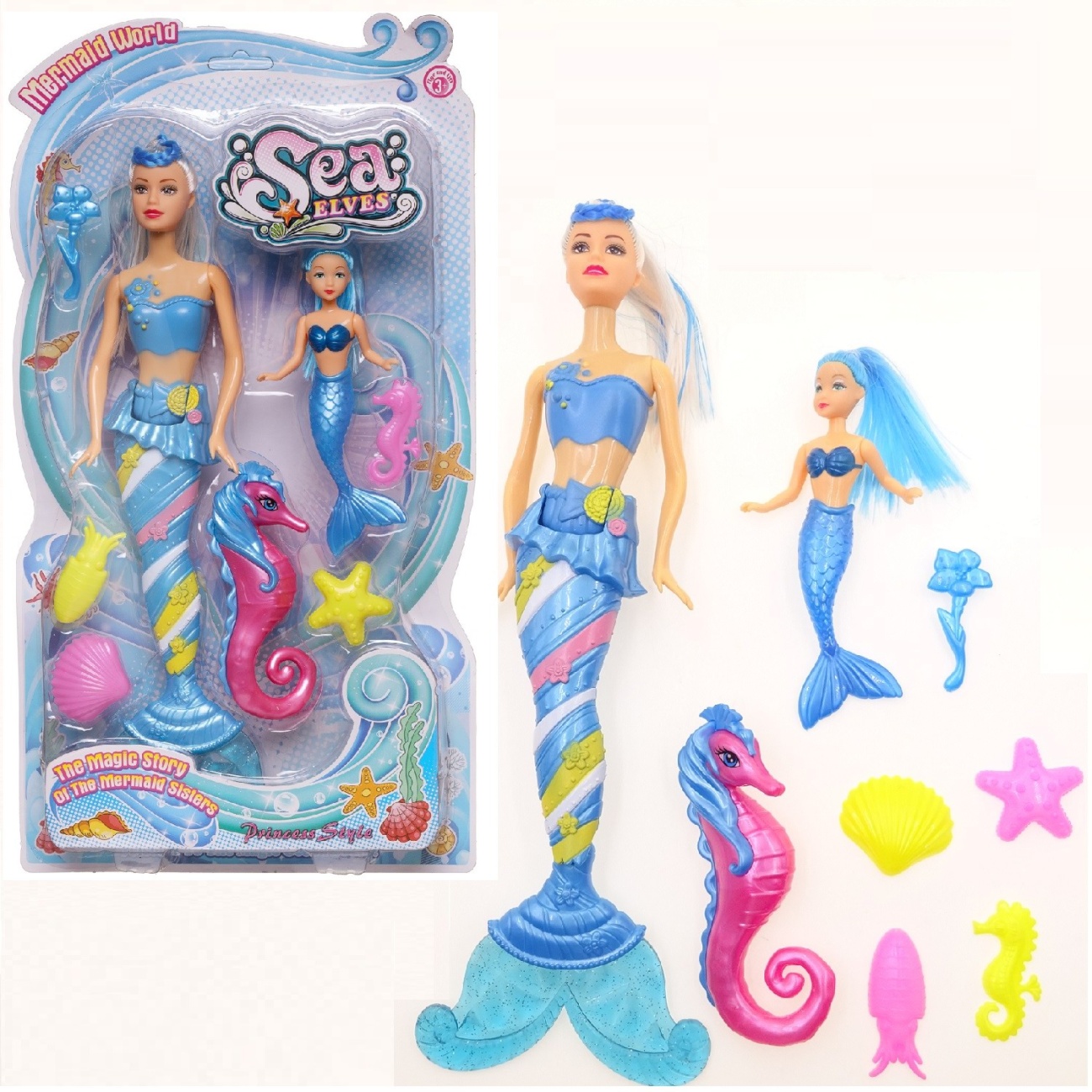 Игровой набор Junfa Куклы-русалочки: мама и дочка с голубыми хвостами WJ-34829/голубой