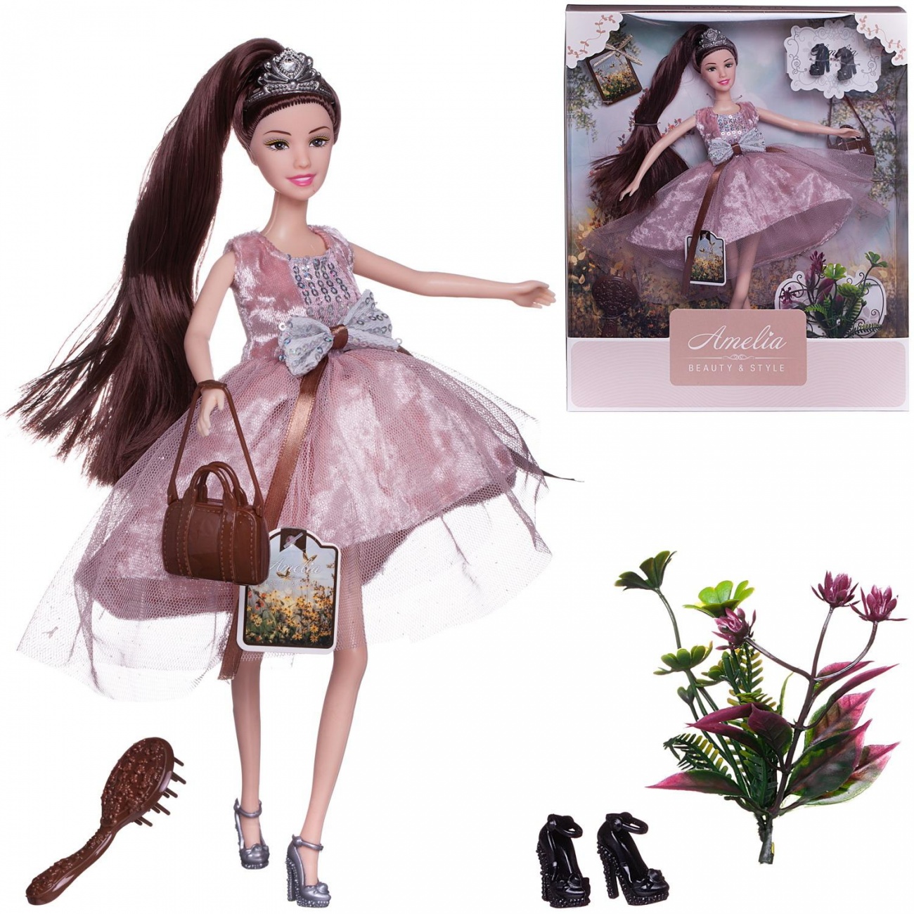Кукла ABtoys Amelia. Летний вечер с диадемой в розовом, темные волосы 30см PT-01635
