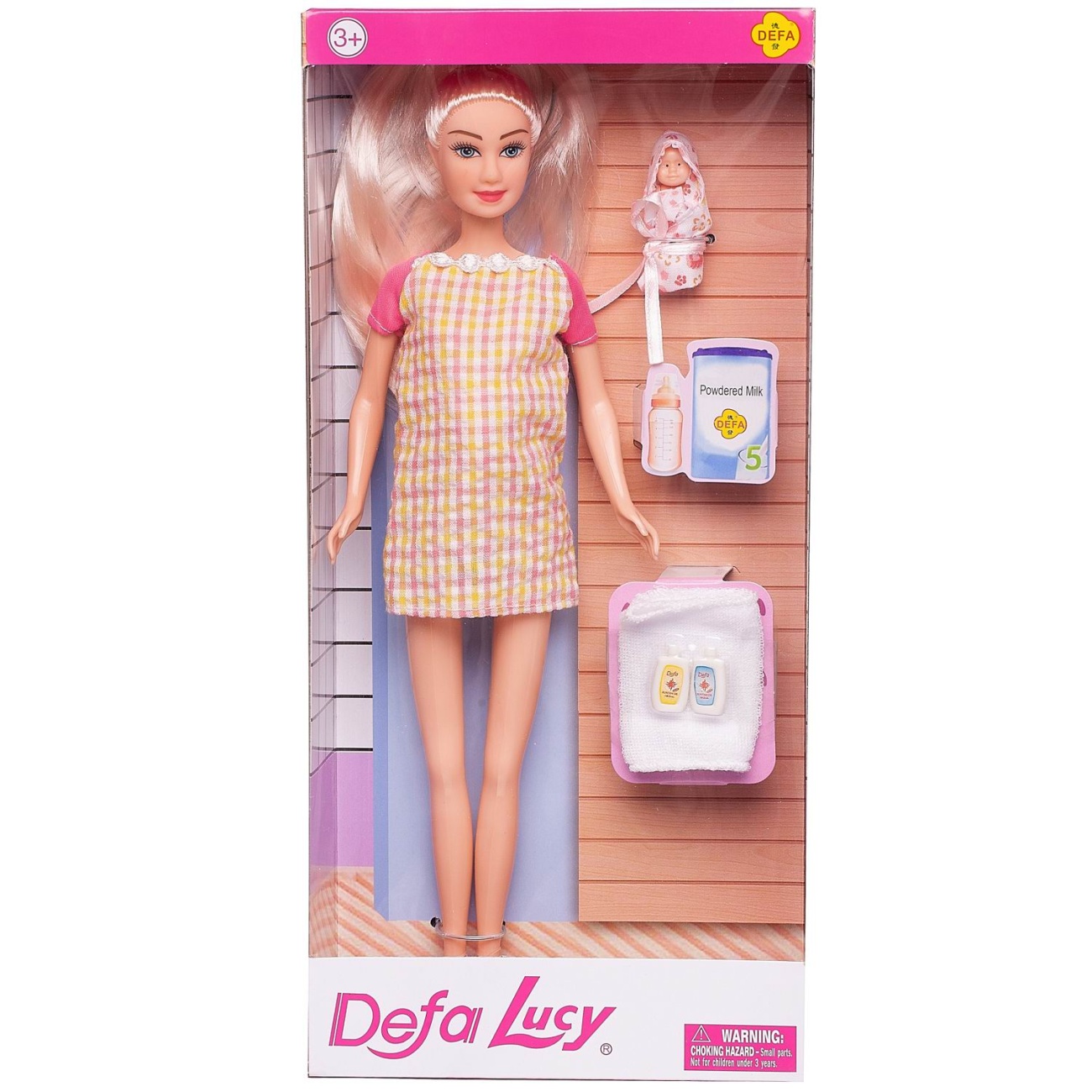 Кукла Defa Lucy Молодая мама в платье в клетку с розовыми рукавами, малыш и аксесс. 29 см 8357d/розклетка