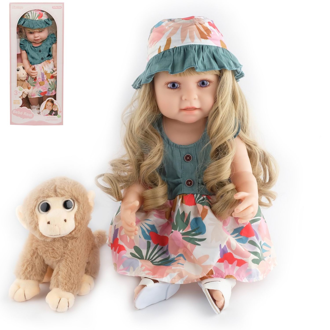 Кукла Junfa в разноцветных платье и шляпке с плюшевой обезьянкой 55 см WJ-35952