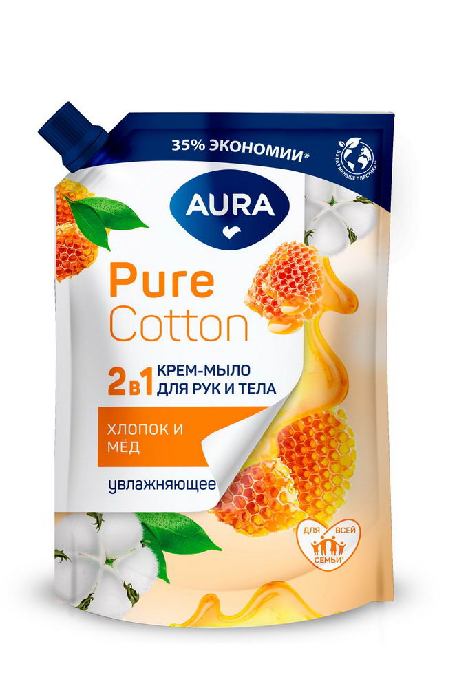 Крем-мыло AURA Pure Cotton Хлопок и мёд, 2в1 для рук и тела 450мл 4752171015340